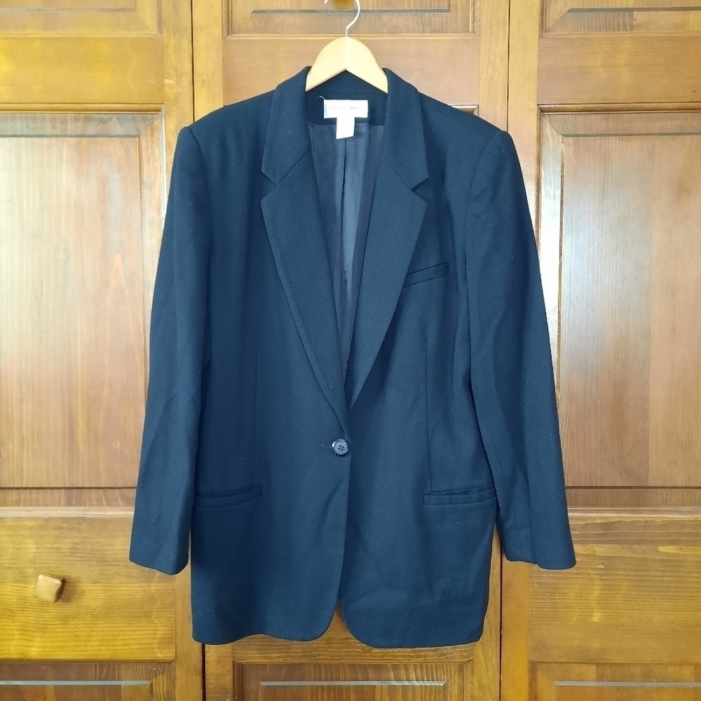 Vintage Casual Corner 100% Merino Wool Black One Button Blazer Size 10